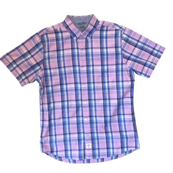 Izod Saltwater Mens Pink Plaid Seaport Poplin Short Sleeve Button Up Shirt Large - Picture 1 of 5